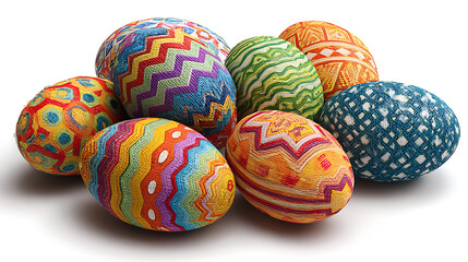 Obraz premium Cluster of seven textured, patterned Easter eggs on white