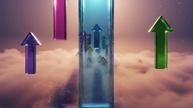 Soft abstract volumetric multicolored arrows gently floating and developing upwards through a gradient fog, suggesting smooth inspirational development and transition movement, floating, calm