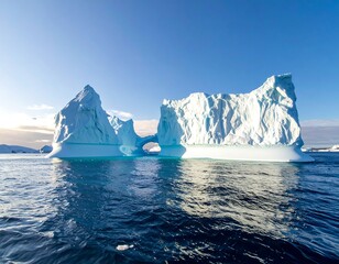 Large white iceberg floating on water under a clear, bright blue sky