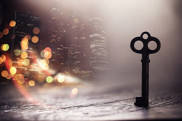 vintage key over old wooden surface with back light. Double exposur night city.