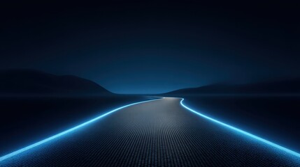 Futuristic Road with Neon Lights Under Starry Night Sky in a Minimalist Landscape Setting for a Modern and Dreamy Visual Experience