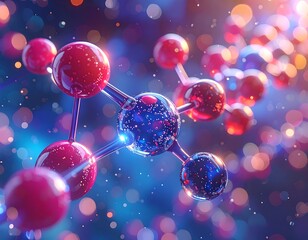 Molecular structure with spheres and connecting lines, blurred background