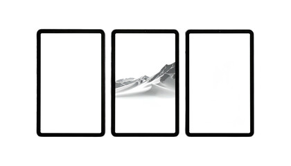 Triptych of black-framed tablets; center screen shows a desert scene