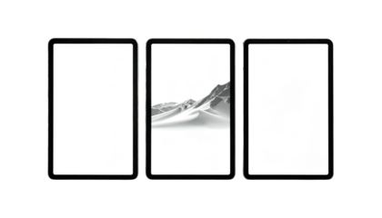 Triptych of black-framed tablets; center screen shows a desert scene