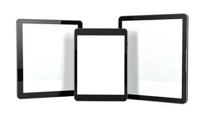 Three black tablets with blank white screens, on a black background