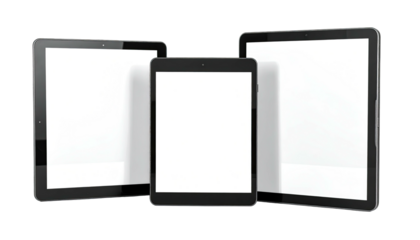 Three black tablets with blank white screens, on a black background