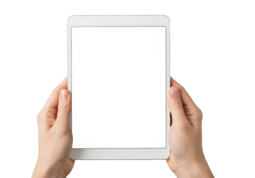 Hands holding a white tablet computer isolated on transparent background - Powered by Adobe