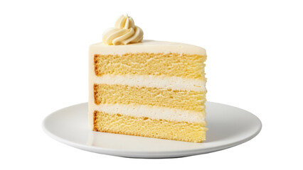 Delicious vanilla layer cake slice isolated PNG, creamy frosting dessert on a plate for bakery and cafe menus