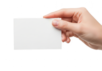 Hand holding a blank white business card isolated on transparent background
