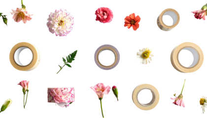Assortment of flowers and tape rolls on a plain black background