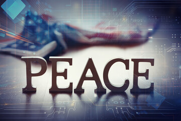 Double exposure Peace Word and abstract technology background. International conflict, American hegemony, War.