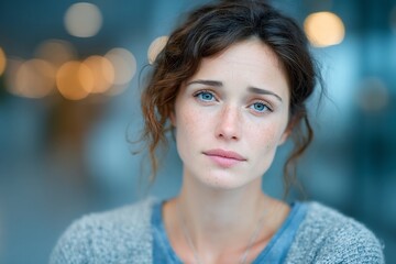 Pensive Beauty BlueEyed Woman in Thoughtful Portrait.
