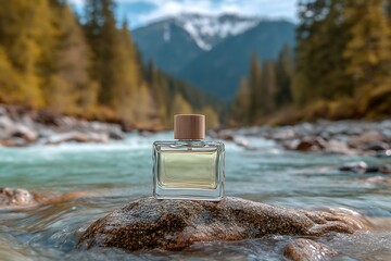 Perfume bottle on rock in flowing river with mountain background, and nature.