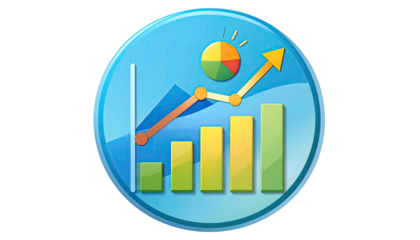 Blue emblem showing financial growth with charts and a pie graph