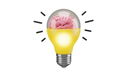 Creative light bulb with brain inside isolated PNG, idea generation and innovation concept on transparent background