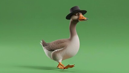Realistic white domestic goose standing isolated on a solid green screen background. Side view of a farm bird with orange beak and webbed feet, ready for chroma keying and compositing