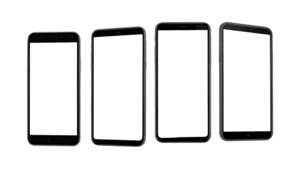 Four smartphones with blank screens angled, isolated on black background