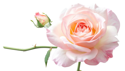 A delicate pale pink rose in full bloom with a bud on a green stem