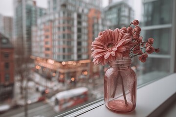 Pink Gerbera Daisy in a Jar on Windowsill with Cityscape Blurred Background.