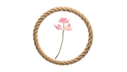 Delicate pink bloom centered inside a circular rope frame on black