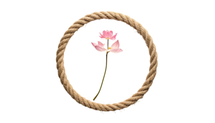 Delicate pink bloom centered inside a circular rope frame on black