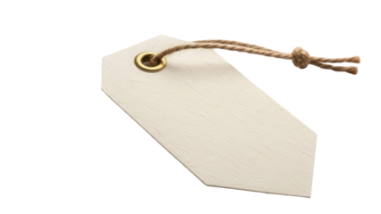 Blank beige tag with golden eyelet and jute string isolated PNG, price label for retail and product branding on transparent background