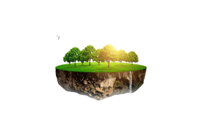 Floating island with trees, waterfall, drone against black background