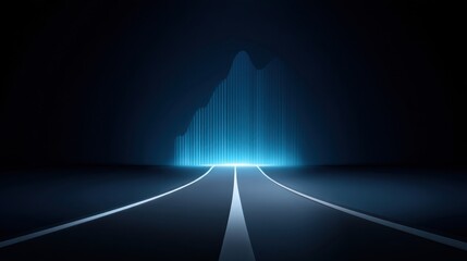 Futuristic road leading towards a glowing abstract graph, representing innovation, growth, technology, and data in a dark, stylish environment