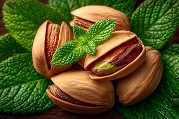 Pistachios with Mint Leaves Healthy Snack Closeup on Wooden Table with Macro Food.