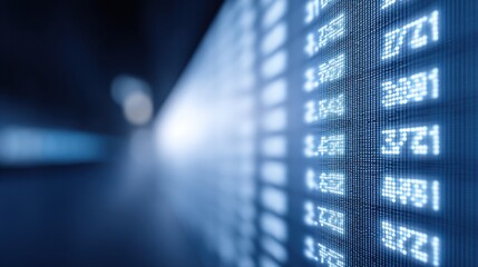 Digital Display of Stock Market Values in Modern Office Environment with Blue and White Lighting Reflecting Trendy Financial Technology