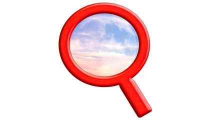 Red magnifying glass with a bright cloudy sky view