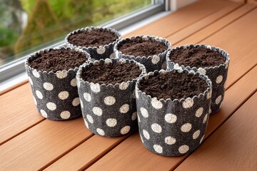Polkadotted pots filled with soil ready for planting with sunlit windowsill scene.