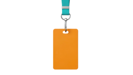 Orange ID card with lanyard isolated PNG on transparent background, identification badge for events and security access