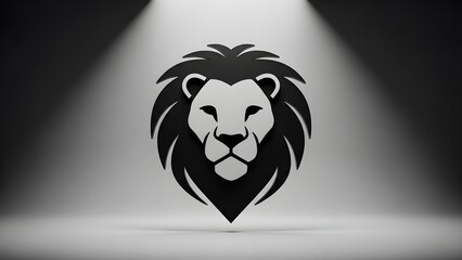 A minimalist black and white lion head with bold, symmetrical lines. Its elegant and powerful appearance, highlighted by dramatic lighting, symbolizes courage, leadership, and strength in a clean