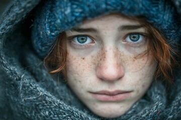 Portrait of a freckled redhead woman with piercing blue eyes wrapped in a knitted scarf.