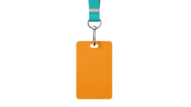 Orange ID card with lanyard isolated PNG on transparent background, identification badge for events and security access