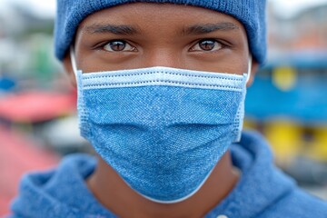 Portrait of a young man wearing a face mask with protecting against virus, and outdoors.