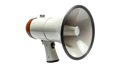 Isolated, glossy white megaphone on black background, angled, bright