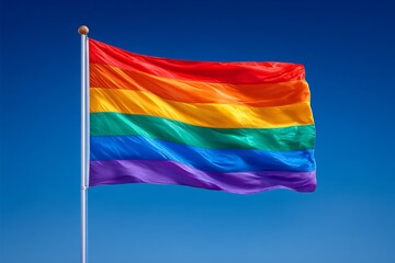 Pride Flag Waving Rainbow Colors against Blue Sky.