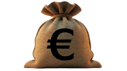 Burlap money bag with Euro symbol isolated PNG, sack of cash on transparent background, financial concept for business and economy