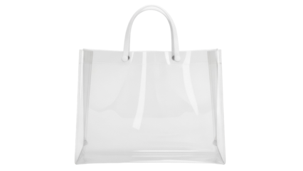 Transparent tote bag PNG isolated on transparent background, clear plastic shopper with handles for retail and promotional use