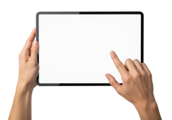 Hands holding a tablet computer isolated on transparent background