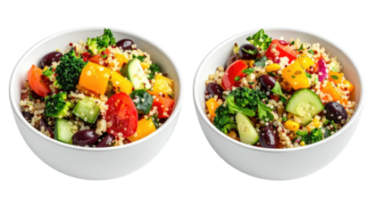 Two white bowls filled with a colorful, healthy quinoa salad