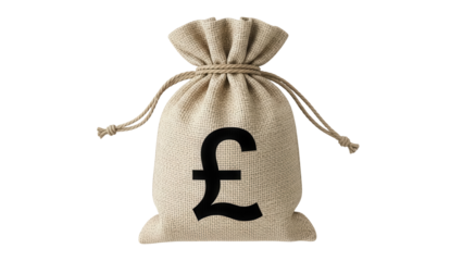 Money bag with pound symbol isolated PNG, sack of cash on transparent background for finance and currency concepts