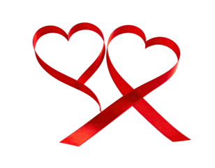 Two intertwined red ribbons shaped into hearts against black