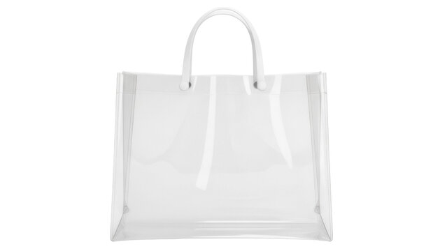 Transparent tote bag PNG isolated on transparent background, clear plastic shopper with handles for retail and promotional use