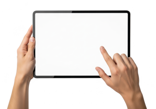 Hands holding a tablet computer isolated on transparent background - Powered by Adobe
