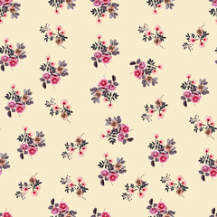 Elegant seamless pattern of delicate pink and brown roses with green leaves on a light background © Hasnat