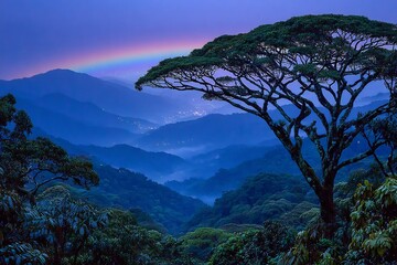 Rainbow over Lush Mountain Forest with Dramatic Landscape, and Serene Nature Scene.