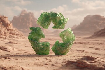 Recycled plastic recycling symbol desert landscape with waste management, and environment protection.